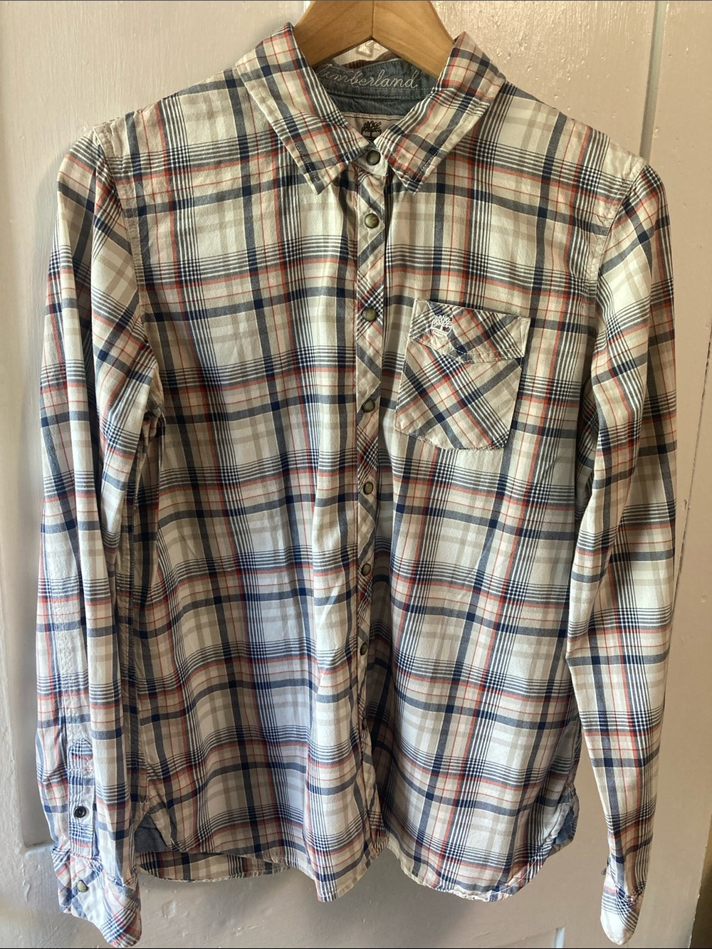 Timberland Plaid Button-Down Shirt in White, Navy & Tan
